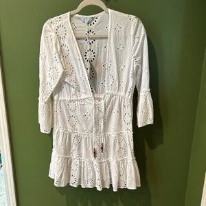 Blue Island White Eyelet Coverup Dress with 3/4 Sleeves, NWT